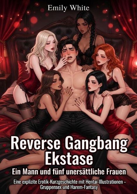 "Reverse Gangbang Ekstase. Ein Mann und fünf unersättliche Frauen." Illustration: Fünf Frauen umringen einen Mann.