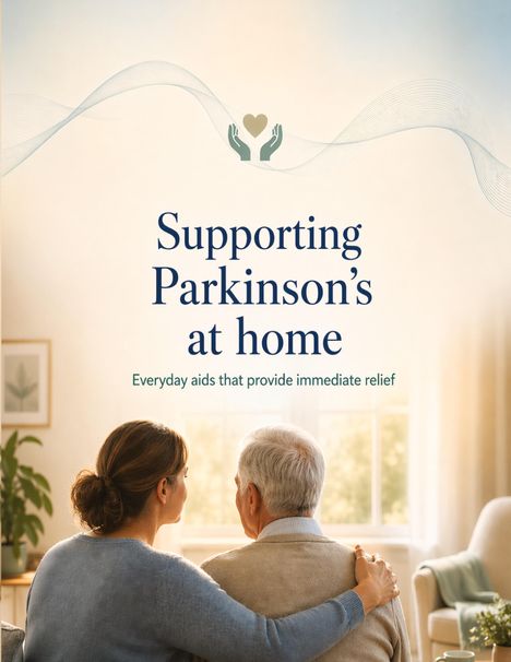 "Supporting Parkinson's at home. Everyday aids that provide immediate relief." Eine Frau umarmt einen älteren Mann auf dem Sofa.