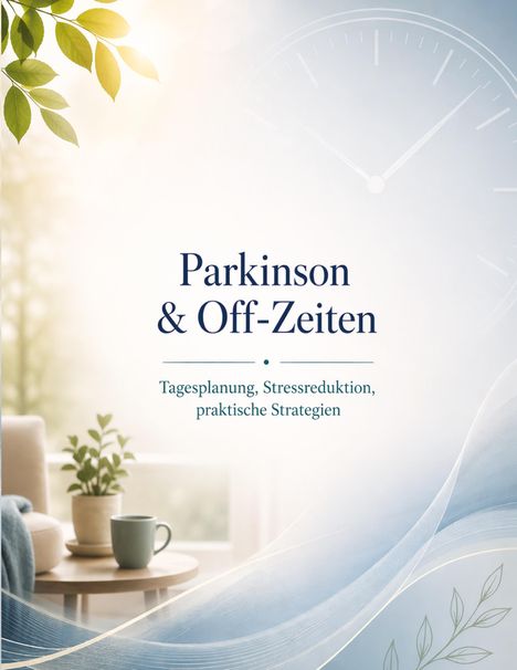 "Parkinson & Off-Zeiten. Tagesplanung, Stressreduktion, praktische Strategien." Links Pflanzen, rechts Uhr und Wellen.