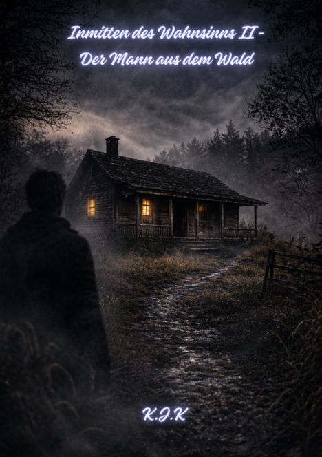 "Inmitten des Wahnsinns II - Der Mann aus dem Wald", darunter eine dunkle Hütte im Wald; ein Mann steht im Vordergrund.