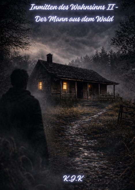 "Inmitten des Wahnsinns II - Der Mann aus dem Wald" steht oben. Unten steht "K.J.K". Eine düstere Hütte im Wald.