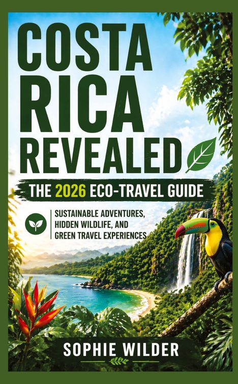 "Costa Rica Revealed: The 2026 Eco-Travel Guide" zeigt Dschungel, Wasserfall, Strand und Tukan in lebhaften Farben.