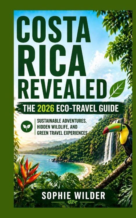 "Costa Rica Revealed: The 2026 Eco-Travel Guide" von Sophie Wilder. Wasserfall, Regenwald, Tukan und exotische Blume.