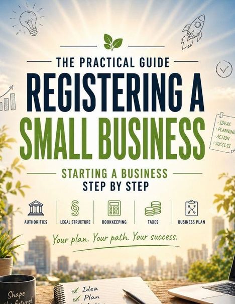 "REGISTERING A SMALL BUSINESS" in großen Buchstaben, darunter Symbole und Begriffe zu Geschäftsthemen, wie Planung und Steuern.
