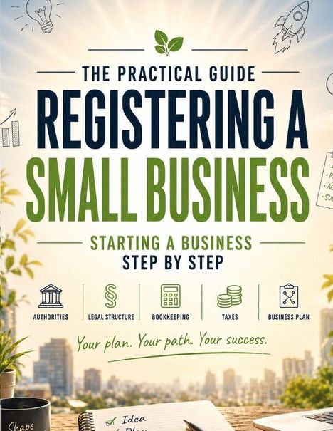 "The Practical Guide: Registering a Small Business. Starting a Business Step by Step. Symbole für Behörden, Rechtsstruktur, Buchhaltung, Steuern, Businessplan. Notizbuch und Stadtansicht im Hintergrund."