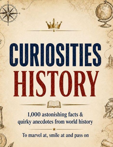 „CURIOSITIES HISTORY“ in großen Buchstaben, darunter „1,000 astonishing facts & quirky anecdotes from world history“. Vintage-Dekorationen mit Krone und Globus.