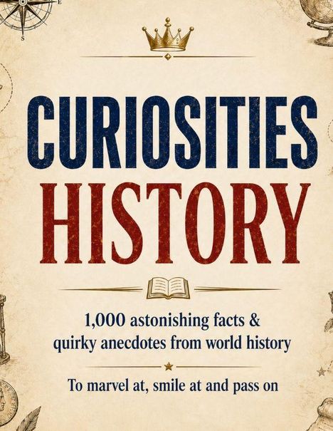 „CURIOSITIES HISTORY“ steht groß im Zentrum, darunter: „1,000 astonishing facts & quirky anecdotes from world history“. Oben eine Krone.