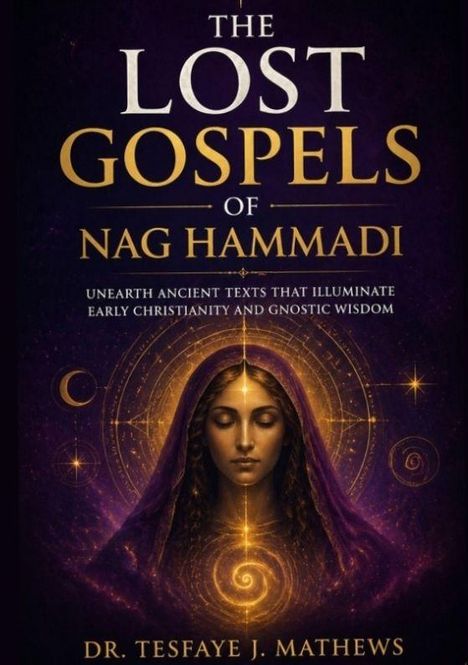 "The Lost Gospels of Nag Hammadi" von Dr. Tesfaye J. Mathews; Illustration: Frau mit geschlossenen Augen, umgeben von Spiralen.