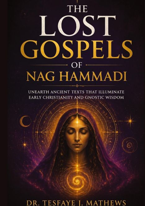 "The Lost Gospels of Nag Hammadi" oben, darunter eine Frau mit geschlossenen Augen, umgeben von goldenen Symbolen.