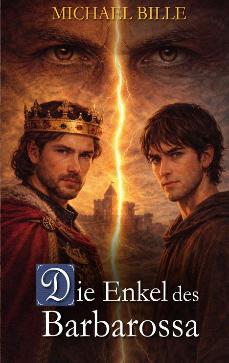 "Die Enkel des Barbarossa" und "Michael Bille" stehen oben, darunter zwei Männer, einer mit Krone, vor einer Burg.