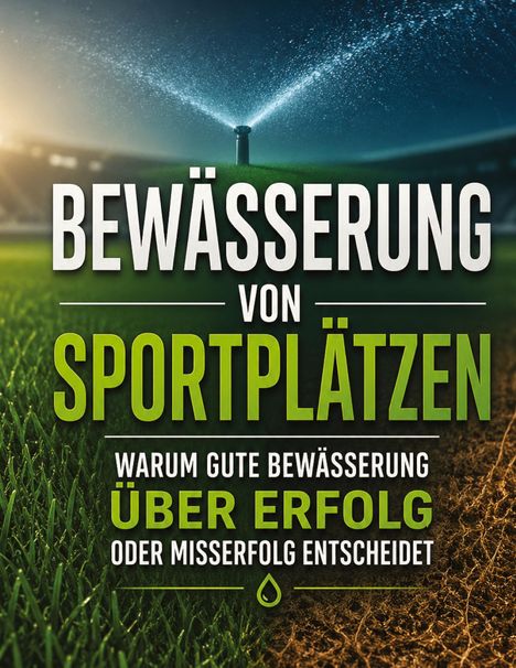 Text: "BEWÄSSERUNG VON SPORTPLÄTZEN. Warum gute Bewässerung über Erfolg oder Misserfolg entscheidet." 
Ein Rasensprenger bewässert ein grünes Spielfeld im Stadion.
