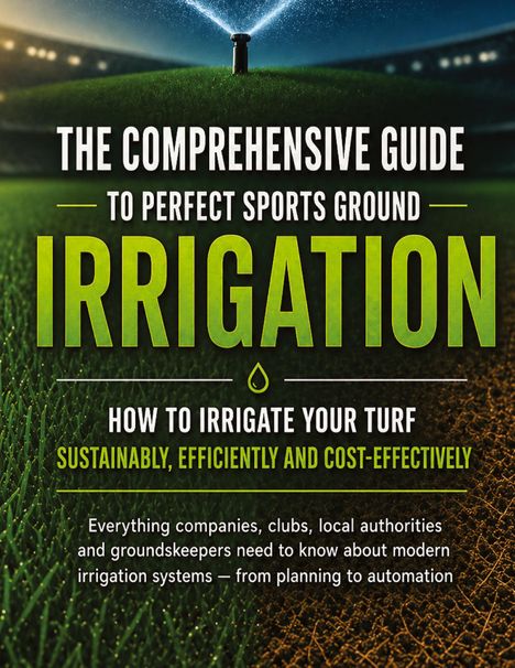 „The Comprehensive Guide to Perfect Sports Ground Irrigation“ steht vor einer beleuchteten Rasenfläche mit Wasserstrahl.