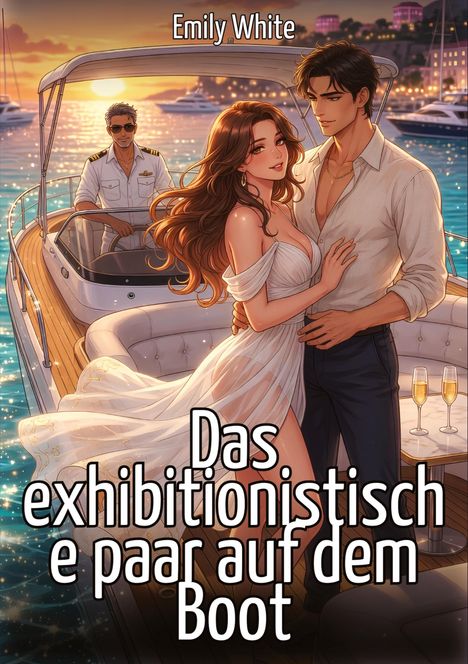 "Emily White. Das exhibitionistische Paar auf dem Boot." Illustration: Ein Paar auf einem Boot bei Sonnenuntergang.