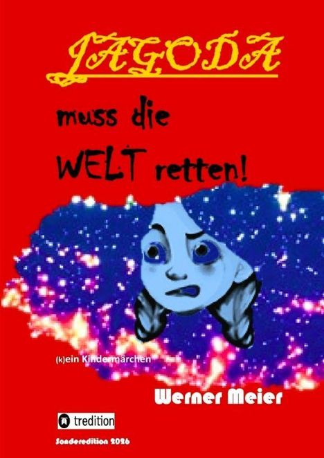 "JAGODA muss die WELT retten!" steht auf rotem Hintergrund. Blaue Gesichter-Illustration im Vordergrund.