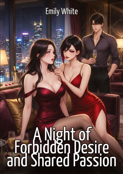 "A Night of Forbidden Desire and Shared Passion" von Emily White. Zwei Frauen in roten Kleidern auf einem Sofa, Stadtlichter im Hintergrund.