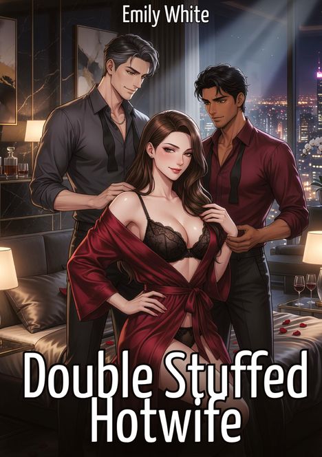Buchtitel: "Double Stuffed Hotwife", Autorin: Emily White. Illustration: Drei stilvolle Personen, städtische Nachtkulisse.