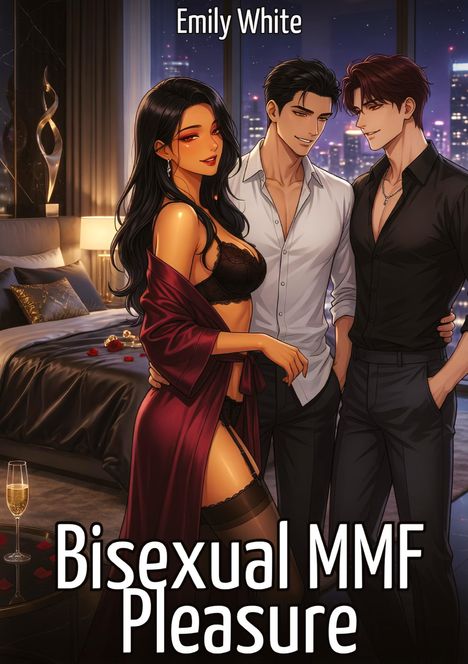 Text: "Emily White", "Bisexual MMF Pleasure". Drei Personen in eleganter Kleidung in einem luxuriösen Schlafzimmer.