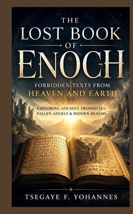 "The Lost Book of Enoch" mit Texten über Prophezeiungen. Altes Buch, offen, ein Engel darauf. Umgeben von mystischer Architektur.