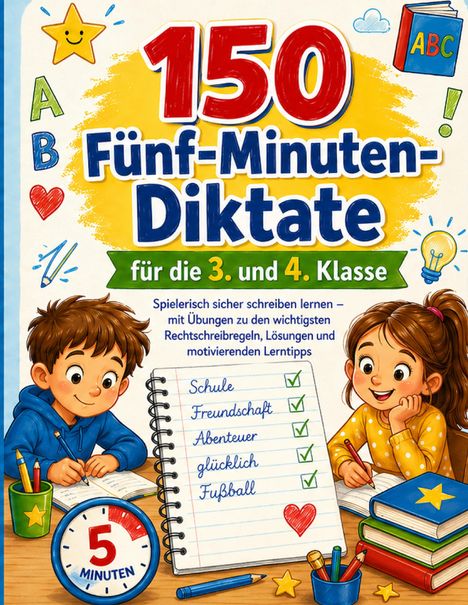 "150 Fünf-Minuten-Diktate für die 3. und 4. Klasse." Zwei Kinder sitzen und lernen, mit Notizbuch und Büchern.