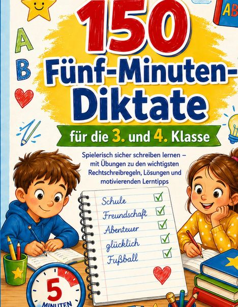 Titel: "150 Fünf-Minuten-Diktate für die 3. und 4. Klasse". Illustration: Kinder schreiben in ein Notizbuch mit Häkchen und Herzen.