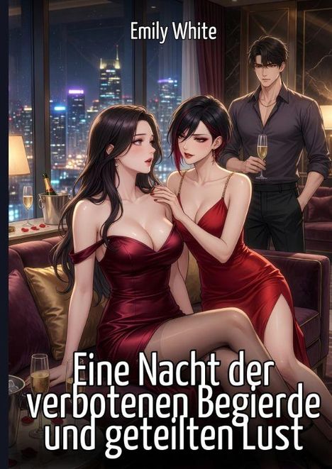 Oben steht "Emily White", darunter "Eine Nacht der verbotenen Begierde und geteilten Lust". Zwei Frauen in roten Kleidern, ein Mann.