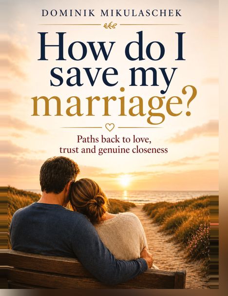 "Dominik Mikulaschek - How do I save my marriage? Paths back to love, trust and genuine closeness." Paar am Strand bei Sonnenuntergang.