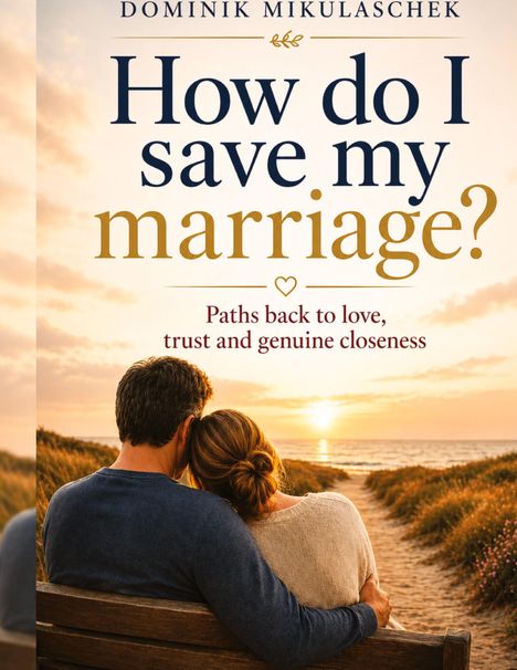 "How do I save my marriage? Paths back to love, trust and genuine closeness." Paar auf einer Bank blickt auf Sonnenuntergang am Meer.