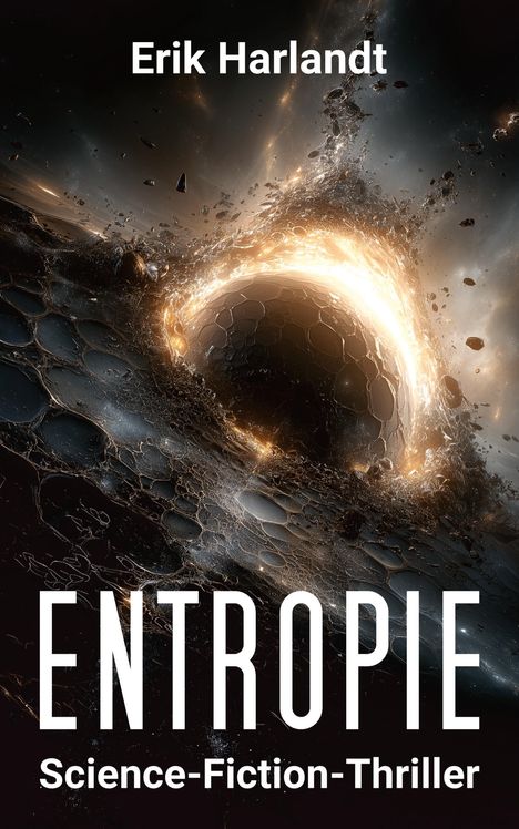 "Erik Harlandt, ENTROPIE, Science-Fiction-Thriller" vor futuristischer, kosmischer Illustration mit leuchtendem Phänomen.