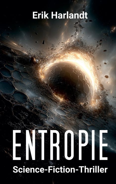 "Erik Harlandt: ENTROPIE Science-Fiction-Thriller" vor einem wirbelnden, leuchtenden Kosmos mit schwebenden Trümmern.