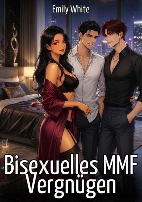 „Bisexuelles MMF Vergnügen“, „Emily White“. Illustration von drei eleganten Menschen in einem luxuriösen Schlafzimmer.