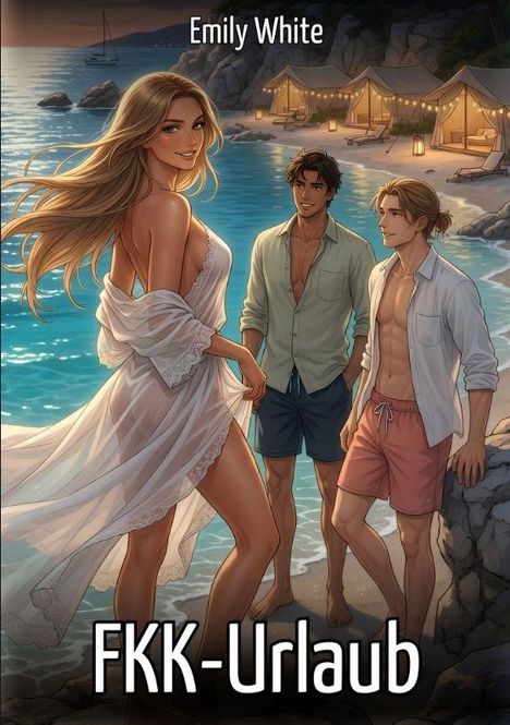 Text: "Emily White", "FKK-Urlaub". Illustration von drei Personen am Strand bei Sonnenuntergang mit Zelten im Hintergrund.