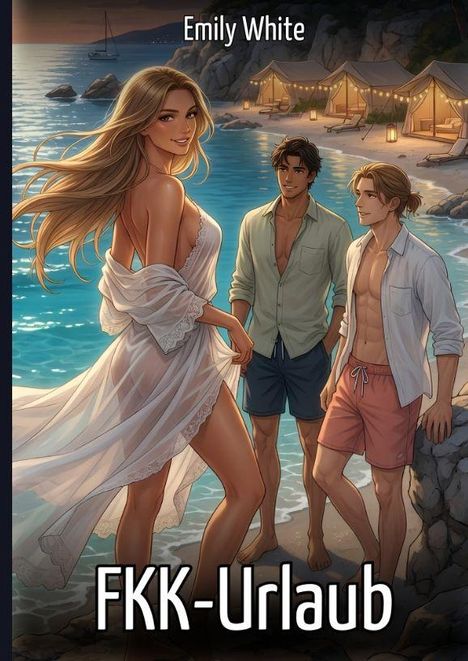 "FKK-Urlaub" und "Emily White" stehen oben. Eine Frau in weißem Kleid am Strand mit zwei Männern, Zelte im Hintergrund.