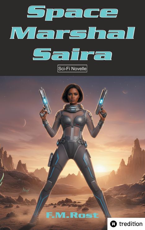 „Space Marshal Saira“, „Sci-Fi Novelle“, „F.M. Rost“. Eine Frau in Raumanzug mit Laserpistolen vor einer Wüstenlandschaft.