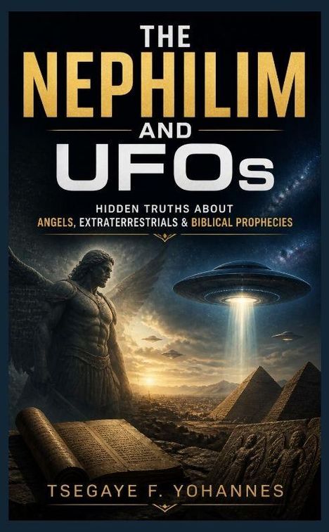 „THE NEPHILIM AND UFOs“: versteckte Wahrheiten über Engel, Außerirdische und biblische Prophezeiungen. Darstellung: Engel, UFO, Pyramide.