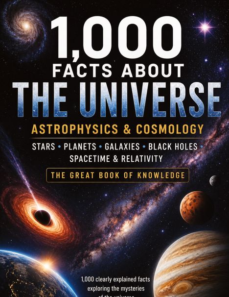 „1,000 Facts About The Universe“ Betont Astrophysik, Kosmologie. Abgebildet sind Galaxien, Planeten, schwarze Löcher.
