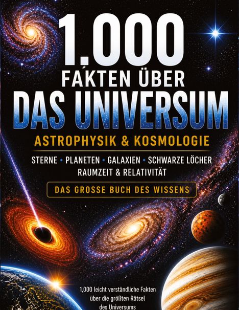 „1.000 Fakten über das Universum: Astrophysik & Kosmologie.“ Illustrationen von Galaxien, Planeten und schwarzen Löchern.