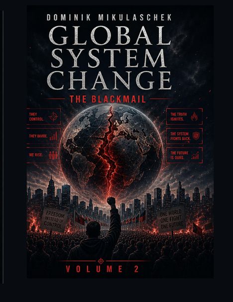 Aufschrift: "Global System Change", "The Blackmail", "Volume 2". Illustration: Menge mit Fahnen, geballte Faust, Erde mit Riss.