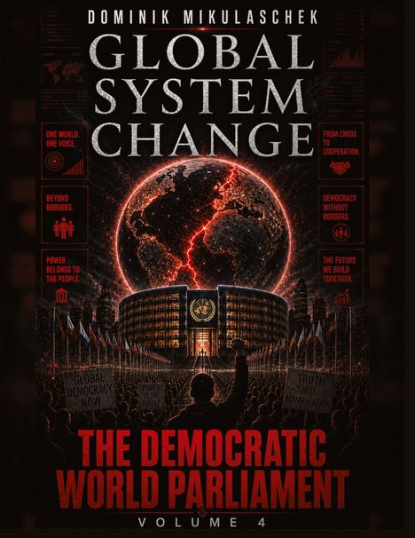 Text: "GLOBAL SYSTEM CHANGE", "THE DEMOCRATIC WORLD PARLIAMENT", "VOLUME 4". Eine Versammlung vor einem Gebäude mit globaler Darstellung.
