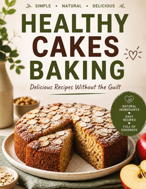 „Healthy Cakes Baking“ in großen Buchstaben. Ein Kuchen mit Mandelblättchen, grüne Deko und ein halbierter Apfel daneben.