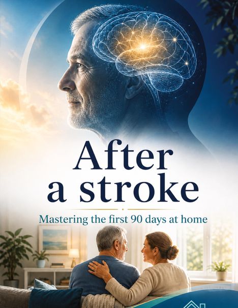 "After a stroke. Mastering the first 90 days at home." Ein Mann im Profil mit Gehirnillustration; Paar auf Couch rückt näher zusammen.