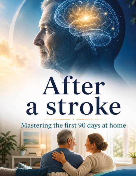 „After a stroke: Mastering the first 90 days at home“. Ein älterer Mann schaut nach links, daneben ein leuchtendes Gehirn.