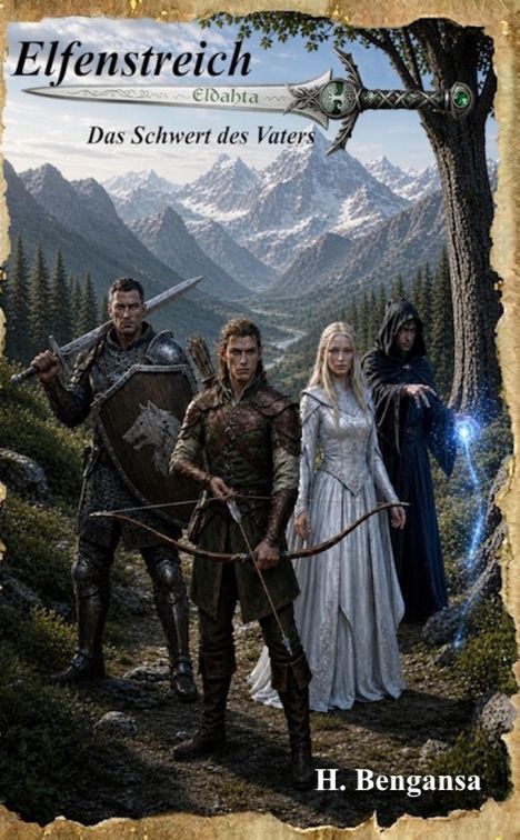 „Elfenreich: Das Schwert des Vaters“ – Fantasy-Illustration mit vier Figuren in einer bergigen Landschaft.