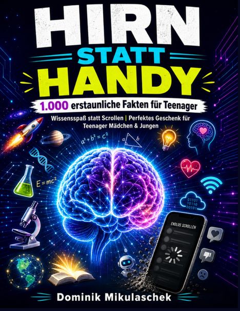 „Hirn statt Handy“, „1.000 erstaunliche Fakten für Teenager“. Illustrationen von Gehirn, Rakete, Glühbirne, Smartphone.