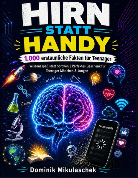 Hirn statt Handy. 1.000 erstaunliche Fakten für Teenager. Bunte Grafik mit Gehirn, Rakete, Glühbirne, Roboter und Globus.