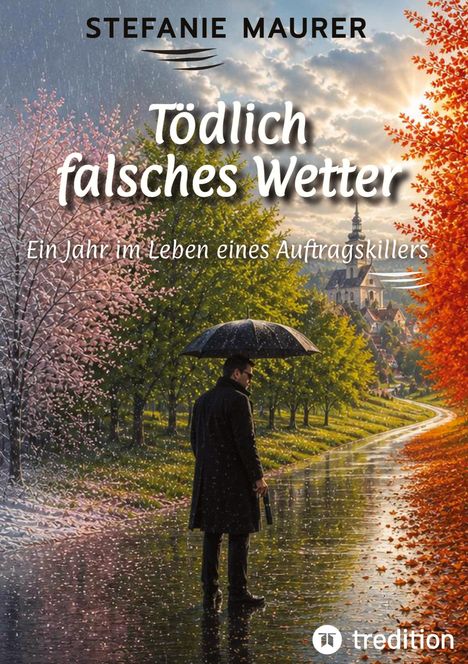 "Tödlich falsches Wetter. Ein Jahr im Leben eines Auftragskillers." Ein Mann mit schwarzem Mantel und Regenschirm im Regen.