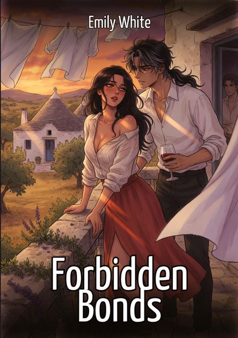 Der Titel lautet "Forbidden Bonds" von Emily White. Zwei Personen auf einem Balkon, umgeben von mediterraner Landschaft bei Sonnenuntergang.