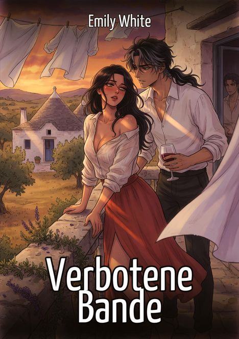 "Emily White. Verbotene Bande." Eine Frau und ein Mann auf einem Balkon, im Hintergrund mediterrane Landschaft.