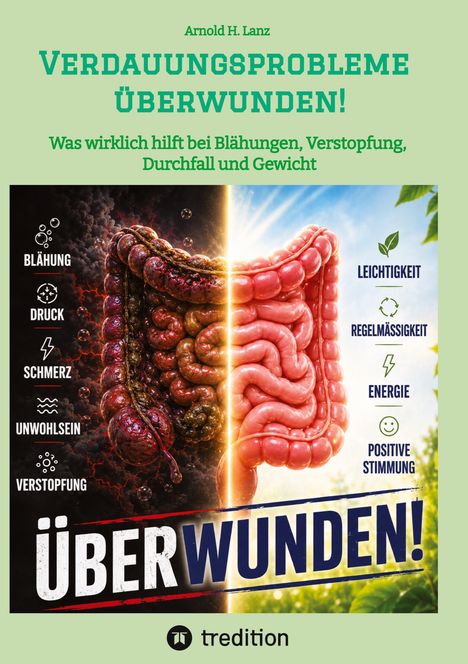 Verdauungsprobleme Überwunden! Symptome links, positive Effekte rechts. Abgebildet: zwei kontrastierende Darmhälften.