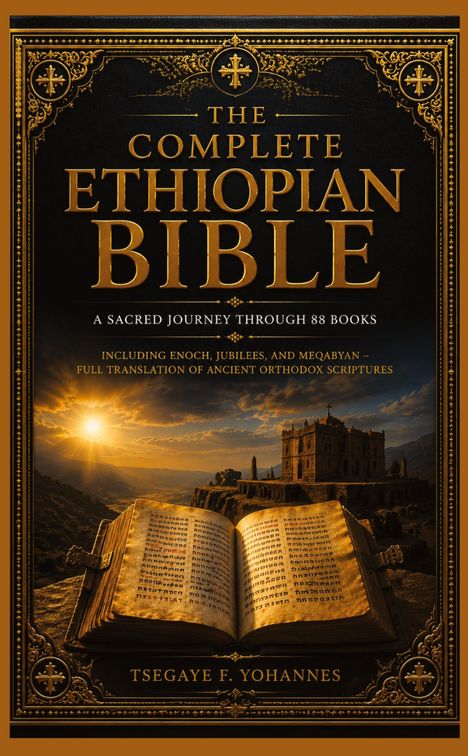 „The Complete Ethiopian Bible“; offenes Buch im Vordergrund; altes Gebäude im Hintergrund bei Sonnenuntergang.