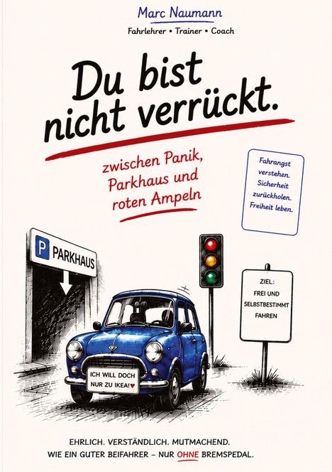 Titel: "Du bist nicht verrückt." Ein blaues Auto vor Parkhaus und Ampel. Zeichen: "Ich will doch nur zu IKEA!"